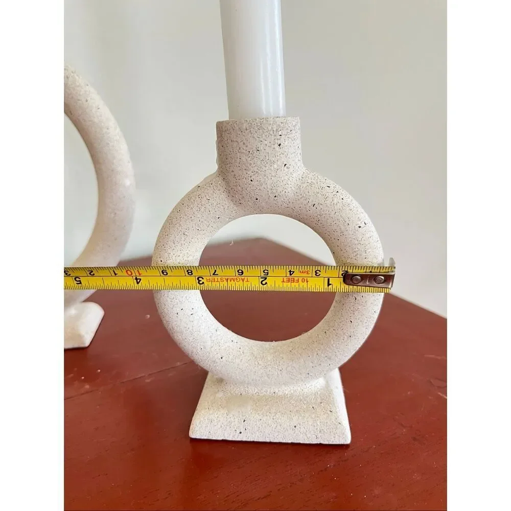 Crate & Barrel Lorin Cement Taper Candle Holder Set Modern Sculptural Decor 3pc